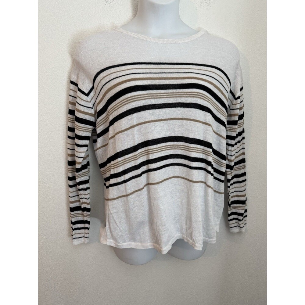 J Jill Sweater Womens XL Stripe Linen Blend Round Neck Beachy Pullover White